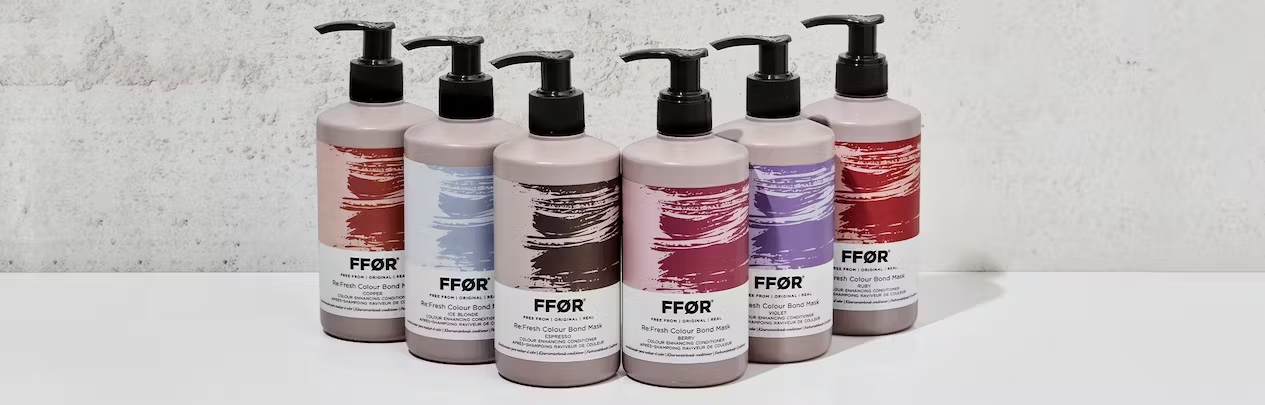 FFOR Hair refresh colour bond mask bottles in a row with plain background 