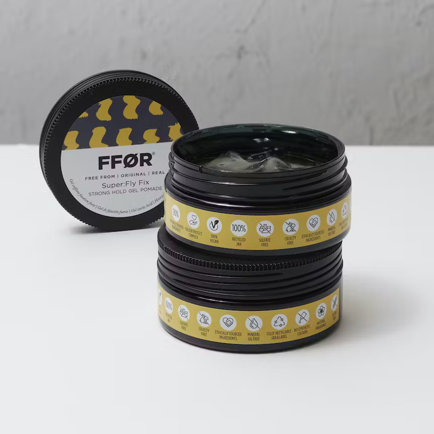 FFOR Hair super fly fix gel pomade tubs' sitting on top of each other with lid displayed in background